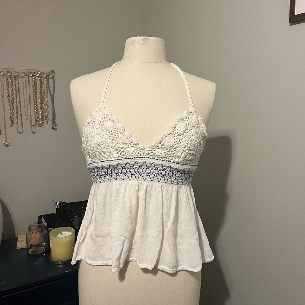 Free People White Crochet Halter Top